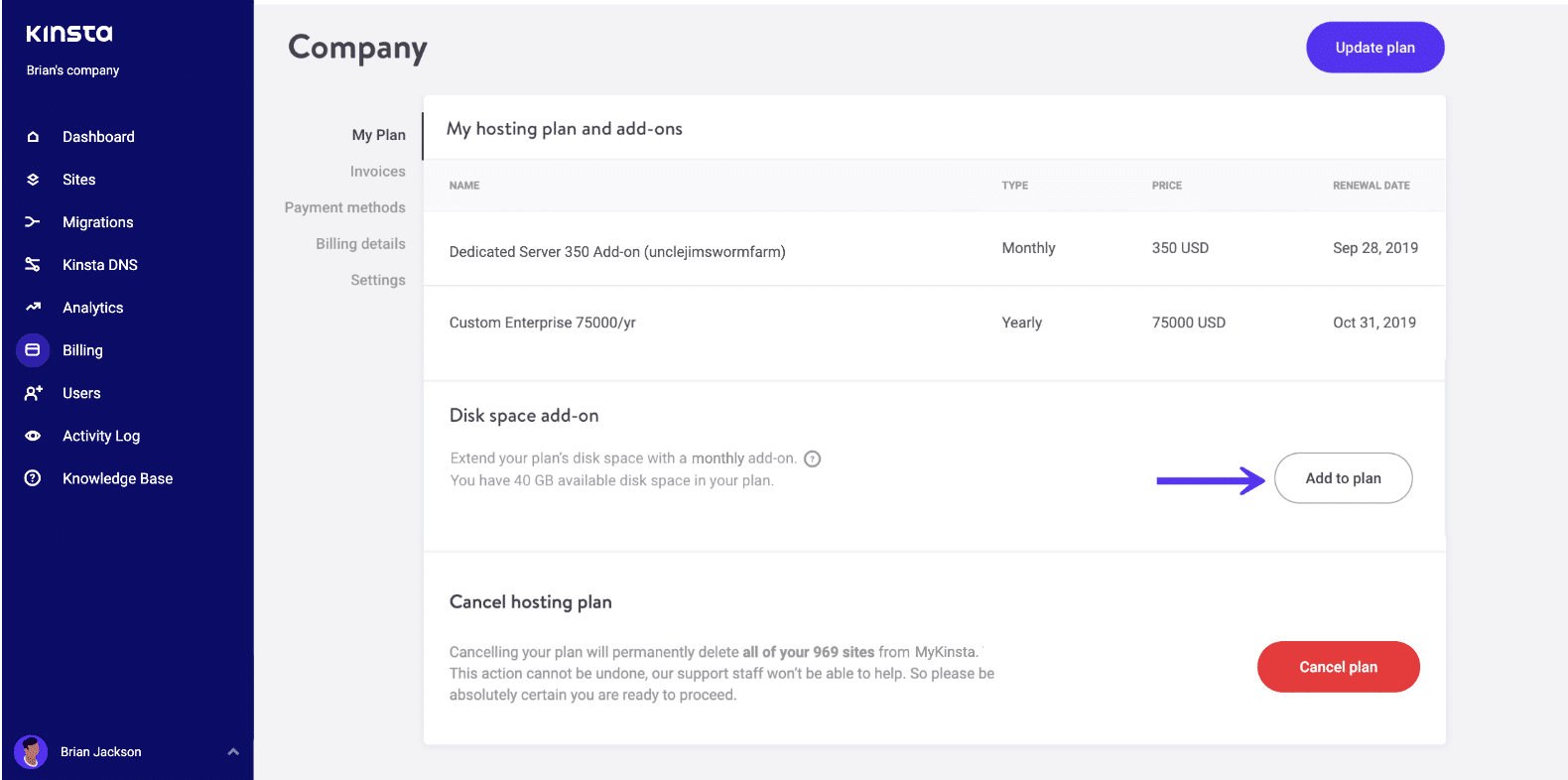 Hinzufügen von Festplattenspeicher-Add-On in MyKinsta